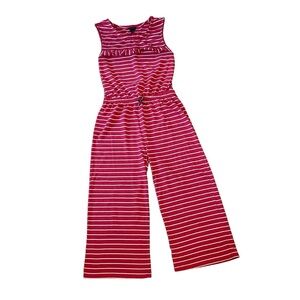 Tommy Hilfiger Pink White Youth Sz L Cotton Ruffle Nautical Sleeveless Jumpsuit